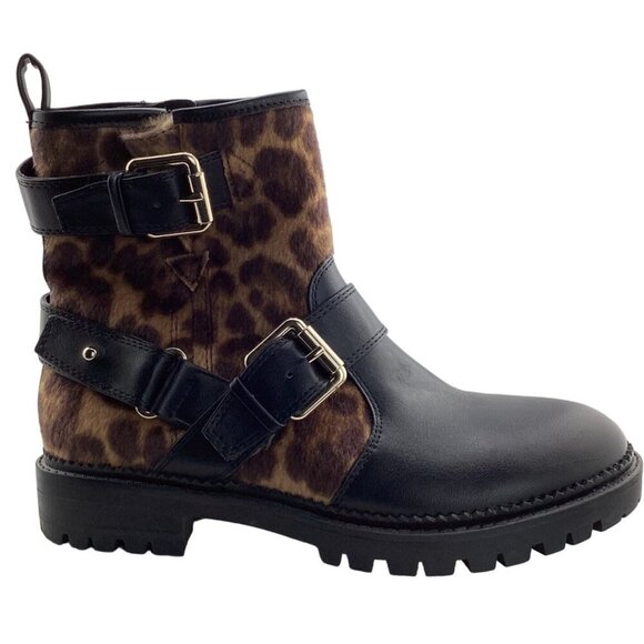 Nine West Aria Black Cheetah Print‎ Ankle Boots Size 7 Biker Combat Buckle - Picture 1 of 8